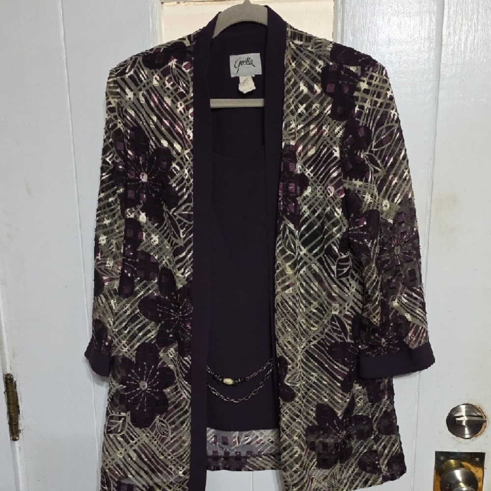 Vintage Guilia Women's Faux 2 Piece Jacket/Tank Plum Floral Chain Belt Sz 14 EUC